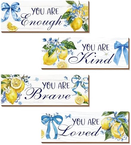 4 Pcs Lemon Bathroom Decor, Positive Affirmations Wall Art Decor, Inspirational Wooden Signs, Lemon Wall Art Hanging Plaques for Girls Bedroom Bathroom Living Room by Riletese