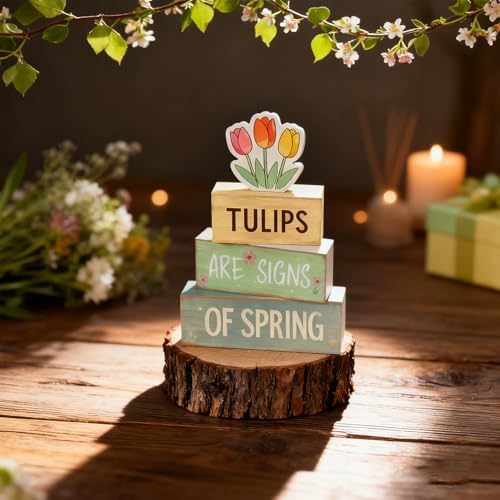 Spring Decoration Wooden Tiered Tray Decor – Tulips Spring Stacked Block Sign with Floral Accent – Farmhouse Tabletop Spring Decor for Shelf Mantel Seasonal Home Display - Image 5