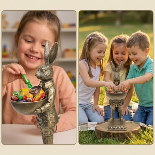Home Decor Gift 12.6 Inch Vintage Rabbit Statue with Bowl, Resin Bunny Figurine Serving Tray, Multifunctional Key Candy Purse Holder Bowl, Jewelry Dish Ring Holder, Desktop Tabletop Art Decor - Image 6