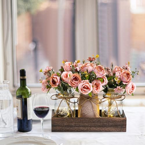 3 Pcs Mason Jar Centerpiece Table Decorations for Dining Table Decor Farmhouse Coffee Table Decor with Wood Tray and Led Light Table Centerpieces for Dining Room Kitchen Living Bathroom,Pink - Image 4