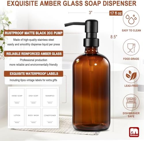 GMISUN Amber Glass Soap Dispenser, 6 Pack Bathroom Hand Soap Dispensers with Stainless Steel Pump, 17 Fl Oz Kitchen Hand and Dish Soap Dispenser Set, Modern Vintage Liquid Brown Soap Dispensers Bottle - Image 3