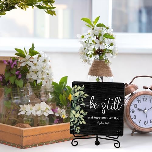 Inspirational Christian Desk Decor, Be Still And Know That I Am God Sign, Desk Decorations For Office Home Living Room Bathroom, Eucalyptus Shelf Decor, Wooden Plaque With Stand (01) - Image 3