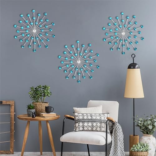 DXYAKY Set of 3 Blue Metal Starburst Wall Art Decor, Rhinestone Crystal Home Decor Accents, 9.8 Inch Decorative Wall Hanging Diamond, Jeweled Sparkle Wall Sculptures for Living Room Bedroom - Image 2