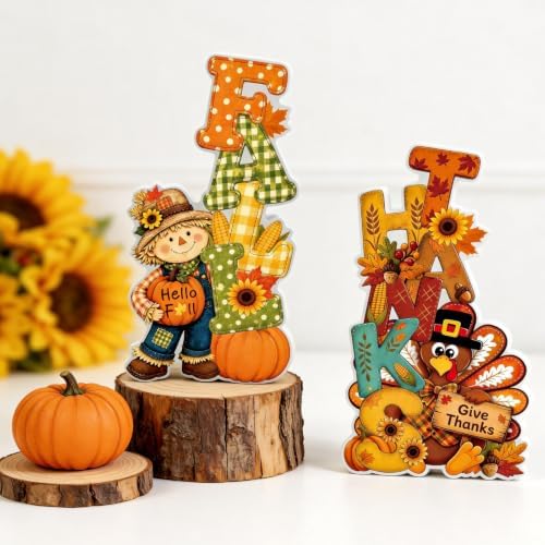 Fall Thanksgiving Table Decor 2 PCS Wooden Fall Scarecrow Turkey Decor - Image 5