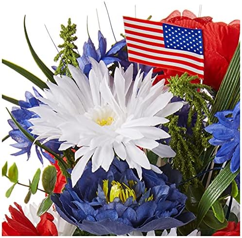 Admired by Nature 18 Stems Artificial Blooming Peony, Gerbera Daisy with Small American Flags, Fillers Mixed Flowers Bush for Memorial Day, Red/Blue/White - Image 5