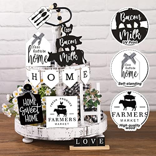 Fairysandy 11 Pcs Home Tiered Tray Decor Black White Rustic Wooden Signs - Image 4