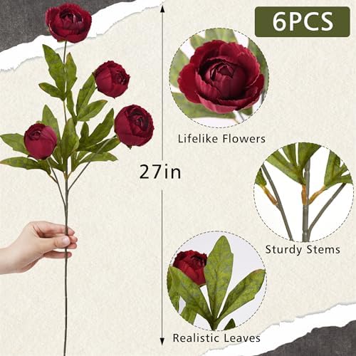 Waipfaru 6 Pcs 27" Faux Peonies Artificial Flowers for Vase, Burgundy - Image 2