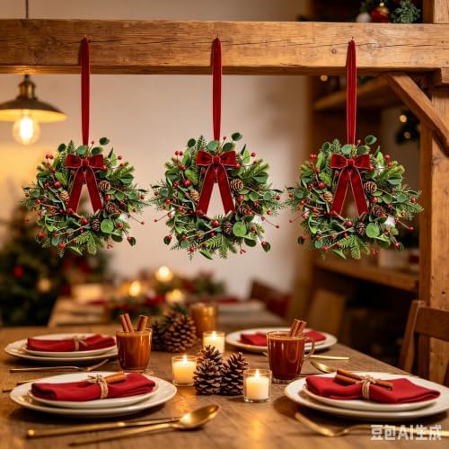 6 Pcs Small 4th of July Hanging Wreaths for Cabinets Patriotic Mini Candle Ring Wreath with Red White Blue Flowers (6, Greenery with Red Bells Pinecones) - Image 6