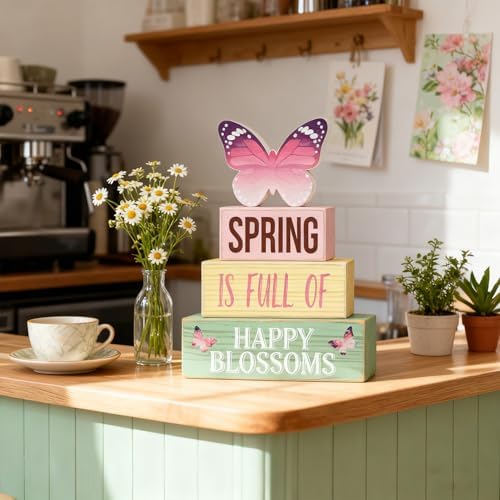 Spring Decoration Wooden Tiered Tray Decor – Butterfly Spring Stacked Block Sign with Floral Accents – Farmhouse Tabletop Spring Decor for Shelf Mantel Seasonal Home Display - Image 2