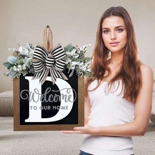Ultra Large 14'' Last Name All Year Round Front Door Wreath with 26 Initial Letter Welcome Sign All Seasons Eucalyptus Garland and Bow Wreaths for Front Door Porch Farmhouse Decoration (D) by Unknown