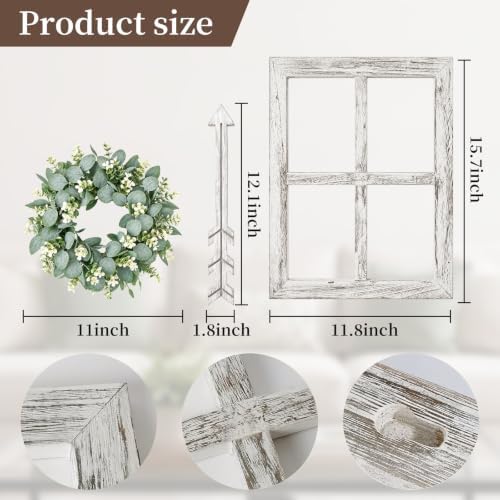 WAKOSAN Rustic Wood Window Frame Wall Decor with Wreath & Arrows, Set of 2 - Image 3