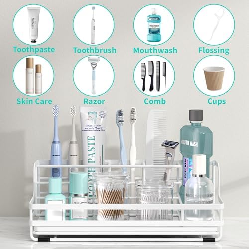 HapiRm Toothbrush Holders for Bathroom - 5 Partitions Bathroom Counter Organizer with Instant Drying Stone, Stainless Steel Countertop Storage Electric Toothbrush Toothpaste Holder - White - Image 2
