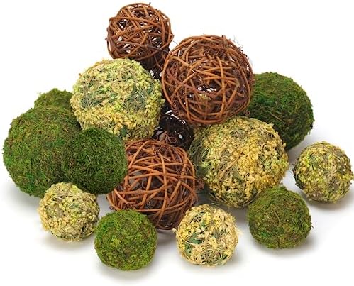 Decorative Balls for Centerpiece Bowls, 18pcs Fake Moss Balls + Wicker Rattan Balls Set Vase Bowl Filler for Home Garden Wedding Party Decor (Fresh Green + Rustic Brown) by Byher