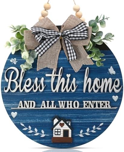 3D Bless This Home and All Who Enter Wooden Front Door Signs，Door Decorations Hanging,Christian Jesus Home Porch Wall Decor，Spring Wreaths，Door Wreaths for Front Door Outside All Season（Blue） by Unknown