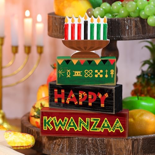 Yuntau 4 Pcs Kwanzaa Table Decorations Wood Block Sign Tiered Tray Decor - Image 2