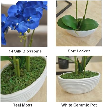 Large Artificial Orchid Arrangement in Oval Ribbed Ceramic Pot, Navy Blue - Image 2