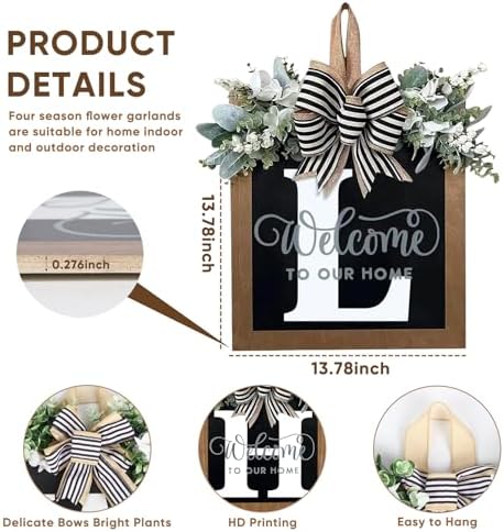 Ultra Large 14'' Last Name All Year Round Front Door Wreath with 26 Initial Letter Welcome Sign All Seasons Eucalyptus Garland and Bow Wreaths for Front Door Porch Farmhouse Decoration (L) - Image 4