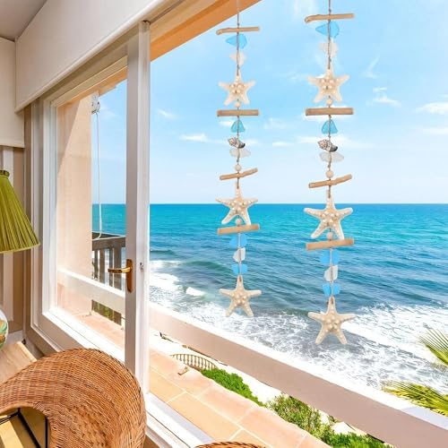JQAQJU 2PCS Sea Glass Wooden Coastal Wall Decor with Starfish Sea Shells - Image 6