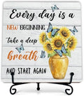 Everyday Is A New Beginning Wooden Sign, Farmhouse Sunflowers Desk Decor for Home, Bedroom, Office, Inspirational and Motivational Gifts for Women Men (A04) by Fbitey