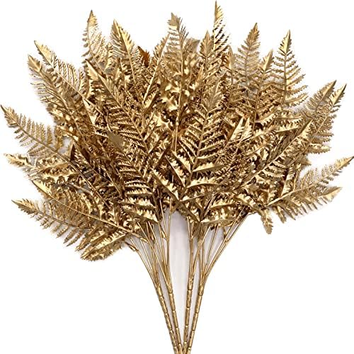 CATTREE Artificial Plants Christmas Decoration, Plastic Golden Boston Plant Fake Simulation Fern Leaves for Wedding Bridal Bouquet Party Indoor DIY Home Office Table Centerpieces Decor - Gold 4 Pack by CATTREE