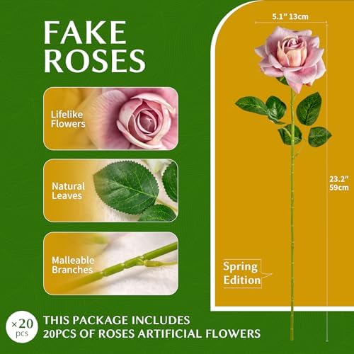 Artificial Flowers Artificial Roses Fake Roses 23.2In 20PCS Long Stem Artificial Flowers for Tall Vase Silk Rose Suitable for Indoor Wedding Party Decor Valentine's Day DIY Bouquet Spring,Pink - Image 2