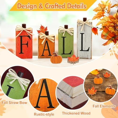 WOHOHOHO 8Pcs Wooden Fall Decorations for Home, "FALL" Wood Table Decor, Pumpkin & Maple Leaf Signs. Rustic Wooden Autumn Thanksgiving Decorations for Home Office Room Bedroom Mantel Tiered Tray - Image 3