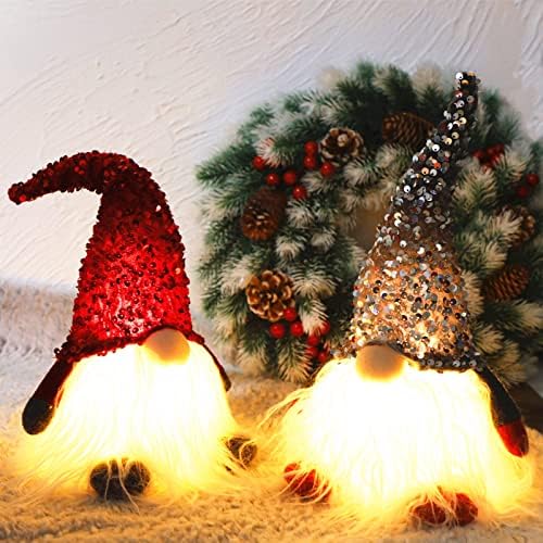Juegoal 12" Lighted Christmas Gnome, Handmade Sequins Hat Scandinavian Swedish Tomte, Light Up Elf Holiday Present, Battery Operated Winter Tabletop Christmas Decorations, 2 Set - Image 3