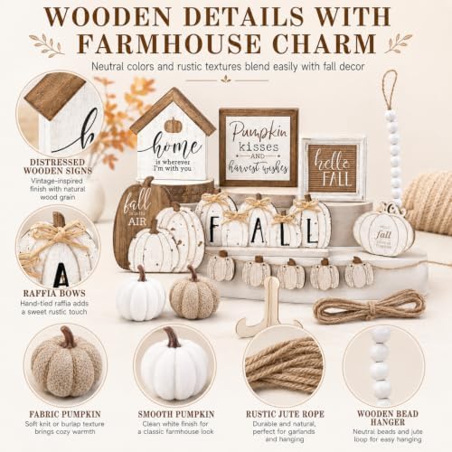 Reallnaive 18 Pcs Fall Tiered Tray Decor Set Neutral Wood Signs - Image 4