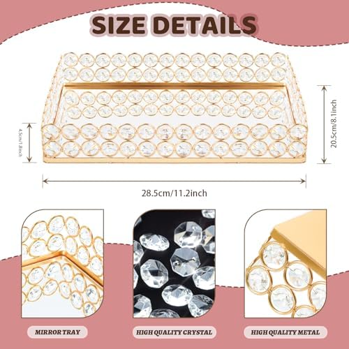 Metal Crystal Mirror Tray - 11.2"x8.1" Table Centerpieces Tray, Multi-Functional Display for Flowers/Cupcakes/Jewelry, Vanity Organizer & Wedding Dessert Table Accent (1, Gold) - Image 3