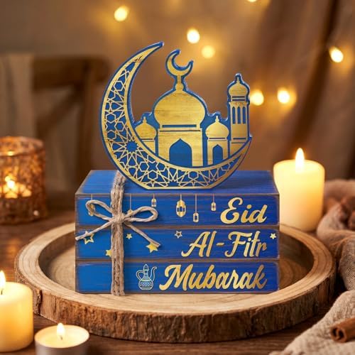 Geelin 4 Pcs Eid Mubarak Table Decoration Wooden Book Stack Signs - Image 6