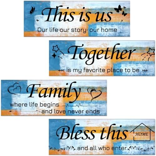 Lnond 4 Pieces Orange and Blue Abstract Living Room Wall Decor, Motivational Home Family Rustic Wall Art Decor for Bedroom Living Room, Rustic Wooden Farmhouse Home Decor, 12 x 4 Inch by Lnond