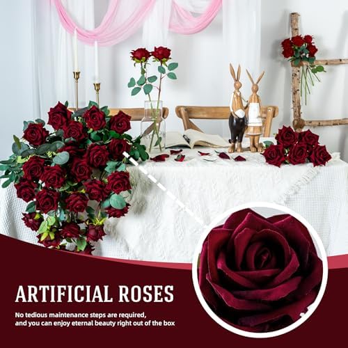 Ttranewsoo 36PCS Bulk Burgundy Artificial Flowers, Black Red Fake Roses with Stems for Fall Wedding Centerpieces, Autumn Events, Thanksgiving & Table Decor, 16.5 Inch - Image 4