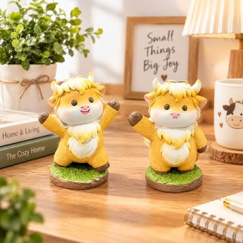 2 Pcs Highland Cow Figurines Resin Statues Cattle Decorations - Weaving Hands, Accent Farmhouse Tabletop Centerpiece for Christmas Thanksgiving Birthday Gift Home Office Shelf Mantel Table Decor - Image 3