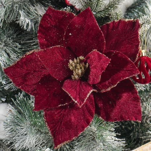10 Pcs 9.4" Velvet Poinsettia Picks Glitter Artificial Christmas Flower Stems for Xmas Tree Wreath Garland Winter New Year Home Decoration, Burgundy by YSZL