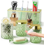 Green Bathroom Accessories Set 5 Pcs, Glass Bathroom Set, Soap Dispenser with Rust Foaming Pump, Soap Dish, Cup, Acrylic Toothbrush Holder Vanity Tray, Cotton Balls Holder, Bathroom Counter Decor by BSSN