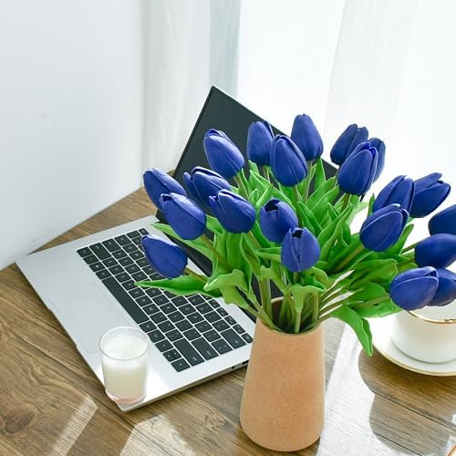 ONLY ART Artificial Royal Blue Tulips 20 Pcs – 13.5 Inch PU Faux Flowers with Bendable Stems for Home Décor, Wedding Centerpieces, DIY Floral Arrangements, New Year and Valentine's Day - Image 5