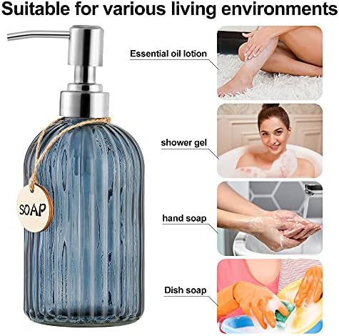 MOCLIF 16 OZ Soap Dispenser，Tempered Glass Clear Vertical Stripe with 304 Rust Proof Stainless Steel Pump Refillable Liquid Hand Soap Dispenser，for Bathroom, Kitchen, Dish Soap，Lotion (Blue Grey) - Image 4