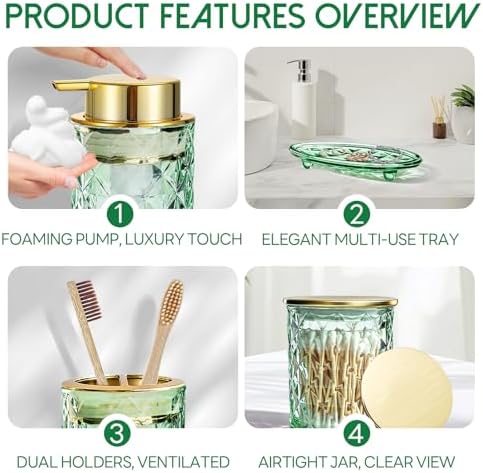 5 Piece Glass Bathroom Accessories Set, Green & Gold Vanity Countertop Set - Image 4