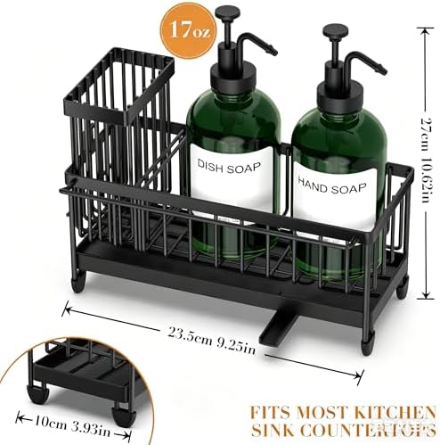 Kitchen Soap Dispenser Set with Sponge Holder and Towel Rack, 17OZ Glass Bottle, Hand and Dish Soap Dispenser Set, Non-Slip Silicone Pad, Brush Holder, Kitchen Sink Caddy Organizer Countertop (Green) - Image 3