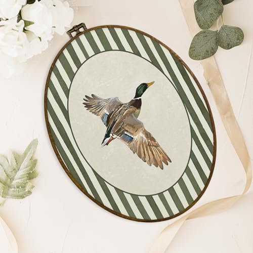dvhdajed Vintage Mallard Duck Oval Wall Art Decor, Cabin Mallard Ducks Green Striped Framed Canvas Art, Duck Hunting Decorations, Rustic Animal Wall Hanging Decor for Toddler Room Bedroom, 8.7x11.3 - Image 4