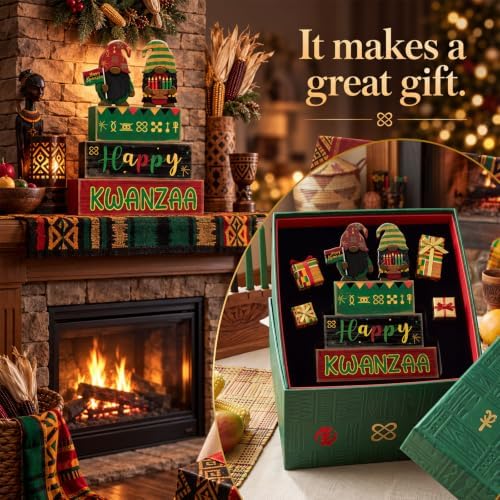 Yuntau 4 Pcs Happy Kwanzaa Books Table Decor Black Gnome Stacked Signs - Image 5