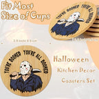 6Pcs Horror Movie Character Spooky Coasters Gift Set with Holder - Horror Movie Accessories Bar Coaster for Party Decor, Unique Halloween Round Coasters for Halloween Coffee Table Spooky Kitchen Decor - Image 2