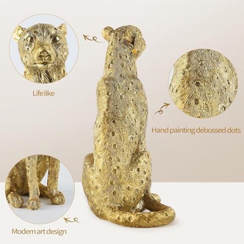 Cheetah Statue for Home Decor, 8" Resin Sitting Leopard Sculpture, Gold Desktop Decoration for Living Room, Dining Room, Office,Shelves, Tv Stand, Coffee Table or Entry Way - Image 3