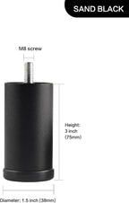 4-Pack 3 Inch Black Furniture Cabinet Metal Cylinder Risers Legs M8 Screw in - Image 2
