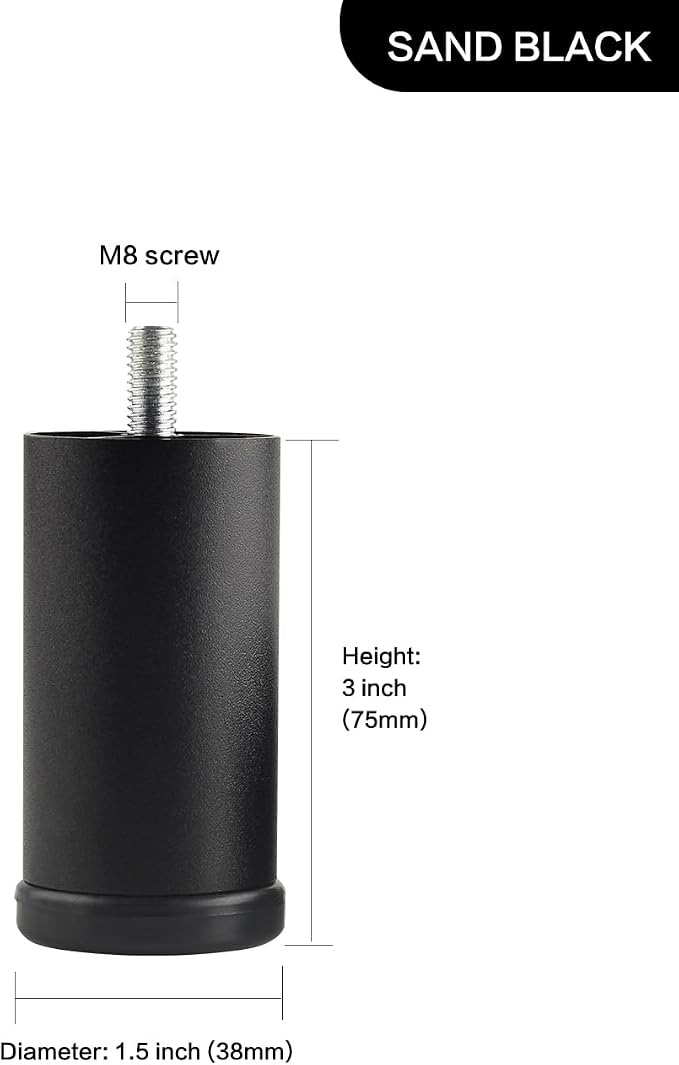 4-Pack 3 Inch Black Furniture Cabinet Metal Cylinder Risers Legs M8 Screw in - Image 2