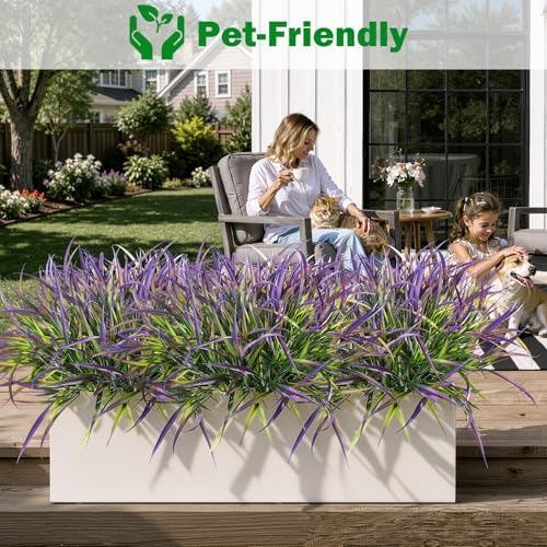 Uieke 28 Bundles Artificial Outdoor Plants UV Resistant Fake Grass Plants Faux Plastic Plants Greenery Shrubs for Home Garden Pathway Window Box Front Porch Cemetery Spring Summer Decor, Purple - Image 5