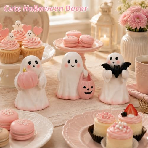 Halloween Ghost Decor, 3 Pcs Cute Pink Resin Ghost Figurines with Pumpkin, Candy Bowl & Bat, Small Halloween Decorations Indoor, Spooky Home Decor for Table, Shelf, Tiered Tray & Mantel - Image 2