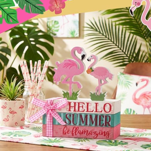Geelin 4 Pcs Pink Flamingo Table Decoration Wooden Book Stack Signs - Image 5