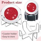 Jetec Mirrored Glass Coaster Set of 6 with 1 Holder 4" Crushed Diamond Round Cup Mat Glitter Crystal Rhinestone Glass Coaster Bling Table Decor for Bar Kitchen Gift for Christmas(Red,4 Inch) - Image 3