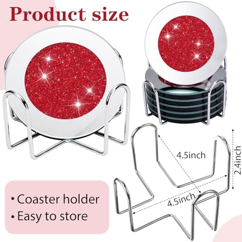 Jetec Mirrored Glass Coaster Set of 6 with 1 Holder 4" Crushed Diamond Round Cup Mat Glitter Crystal Rhinestone Glass Coaster Bling Table Decor for Bar Kitchen Gift for Christmas(Red,4 Inch) - Image 3